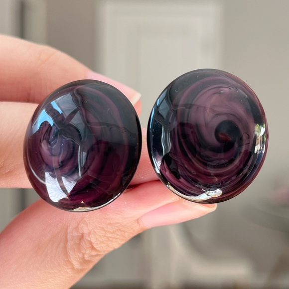 Vintage Christian Dior 1958 Purple Swirly Poured Glass Cabochon Clip-On Earrings